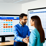 A diverse team of four marketing professionals (two men, two women) in modest, professional business attire. They are gathered around a large screen displaying a content calendar and analytics dashboards, engaged in a collaborative discussion, gesturing thoughtfully. Natural poses, perfect anatomy, correct proportions, well-formed hands, proper finger count. Modern, bright, and organized open-plan office space with natural light. Whiteboards with strategic notes are visible in the background. Professional photography, high-quality, sharp focus, vibrant colors, appropriate content, safe for work, fully clothed, professional.