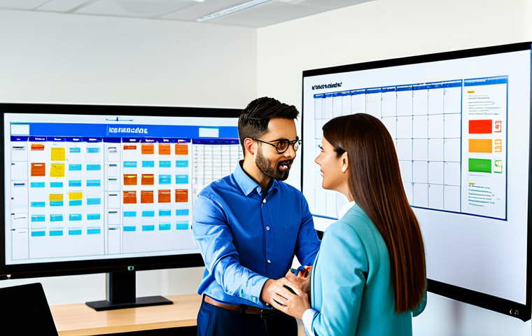A diverse team of four marketing professionals (two men, two women) in modest, professional business attire. They are gathered around a large screen displaying a content calendar and analytics dashboards, engaged in a collaborative discussion, gesturing thoughtfully. Natural poses, perfect anatomy, correct proportions, well-formed hands, proper finger count. Modern, bright, and organized open-plan office space with natural light. Whiteboards with strategic notes are visible in the background. Professional photography, high-quality, sharp focus, vibrant colors, appropriate content, safe for work, fully clothed, professional.