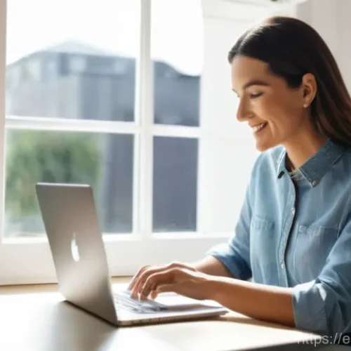 Home 9 블로그 마케팅 초보자를 위한 가이드 - A female blogger in her late 30s, with a warm and approachable smile, is intently typing on a sleek ...