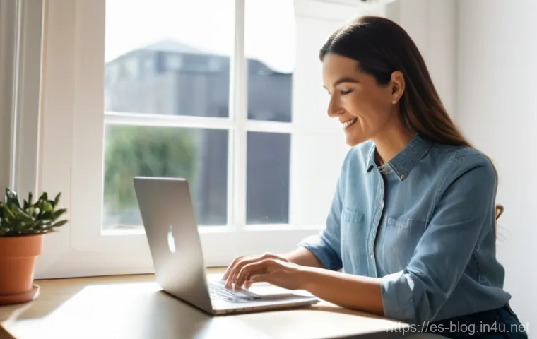 블로그 마케팅 초보자를 위한 가이드 - A female blogger in her late 30s, with a warm and approachable smile, is intently typing on a sleek ...