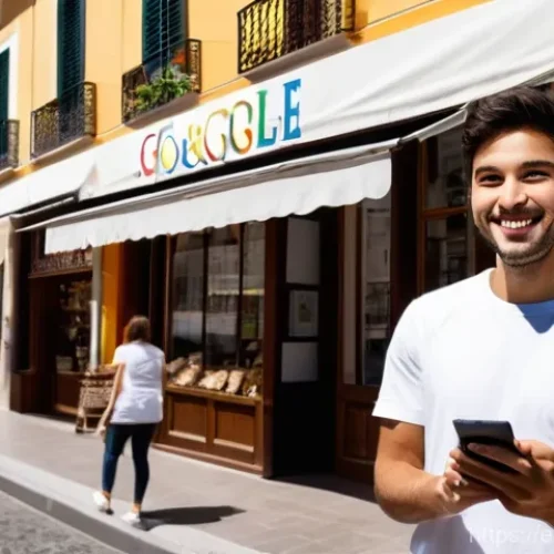 Home 2 블로그 마케팅에서 로컬 SEO 활용하기 - **Prompt:** A bustling street scene in a charming, sun-drenched Spanish-speaking city. In the foregr...