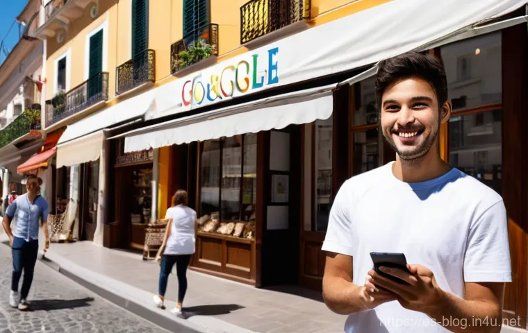 블로그 마케팅에서 로컬 SEO 활용하기 - **Prompt:** A bustling street scene in a charming, sun-drenched Spanish-speaking city. In the foregr...