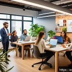 블로그 마케팅과 인플루언서 협업 사례 - A vibrant digital marketing team in a modern Spanish office setting, brainstorming authentic storyte...