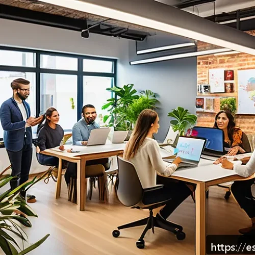 블로그 마케팅과 인플루언서 협업 사례 - A vibrant digital marketing team in a modern Spanish office setting, brainstorming authentic storyte...