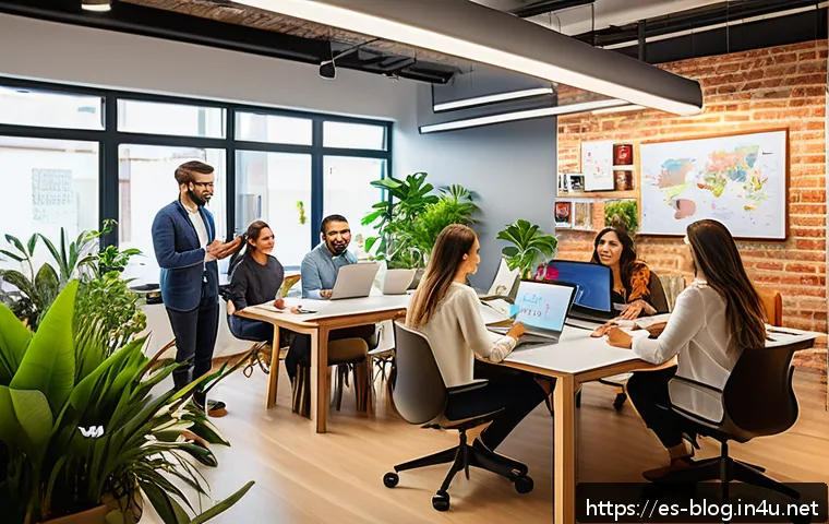 블로그 마케팅과 인플루언서 협업 사례 - A vibrant digital marketing team in a modern Spanish office setting, brainstorming authentic storyte...